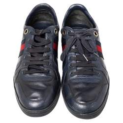 Gucci Navy Blue Leather And Canvas Web Low Top Sneakers Size 44