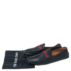 Pre Owned Gucci Black Leather Web Trim Loafers Size 45
