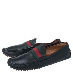 Pre Owned Gucci Black Leather Web Trim Loafers Size 45