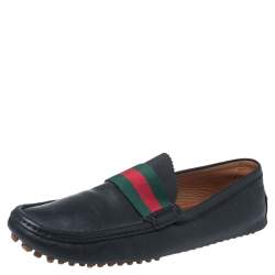 Pre Owned Gucci Black Leather Web Trim Loafers Size 45