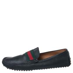 Pre Owned Gucci Black Leather Web Trim Loafers Size 45