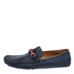 Pre Owned Gucci Blue Leather Horsebit Web Detail Driver Loafers Size 45.5