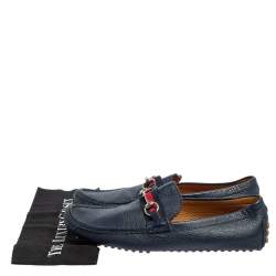 Pre Owned Gucci Blue Leather Horsebit Web Detail Driver Loafers Size 45.5