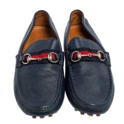 Pre Owned Gucci Blue Leather Horsebit Web Detail Driver Loafers Size 45.5