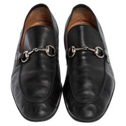 Pre Owned Gucci Black Leather Horsebit Slip On Loafers Size 44
