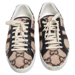 مملوكة مسبقًا Gucci Black/Beige GG Wool And Leather Ace Low Top Sneakers Size 43.5