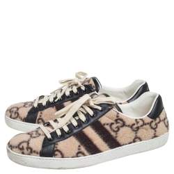 مملوكة مسبقًا Gucci Black/Beige GG Wool And Leather Ace Low Top Sneakers Size 43.5