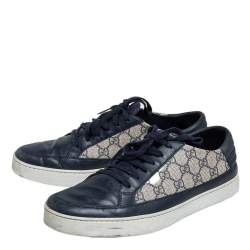 Pre Owned Gucci Beige/Blue Coated Canvas and Leather Low Top Sneakers Size 43