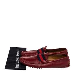 Gucci Red Leather Web Detail Slip On Loafers Size 43.5