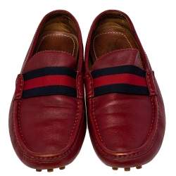 Gucci Red Leather Web Detail Slip On Loafers Size 43.5