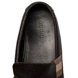 Gucci Brown Leather Web Detail Slip-On Loafers Size 43