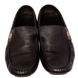 Gucci Brown Leather Web Detail Slip-On Loafers Size 43