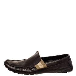 Gucci Brown Leather Web Detail Slip-On Loafers Size 43