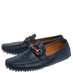Gucci Navy Blue Leather Horsebit Slip On Loafers Size 43
