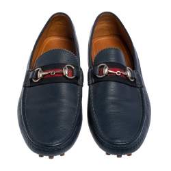 Gucci Navy Blue Leather Horsebit Slip On Loafers Size 43