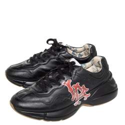 Gucci Black Leather Rhyton LA Angels Prints Low Top Sneakers Size 43
