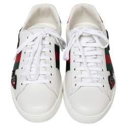 Pre Owned حذاء رياضي غوتشي أيس جلد أبيض مزخرف بعنق منخفض مقاس 40.5 