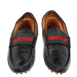 Gucci Black Leather Web Trim Slip On Loafers Size 42