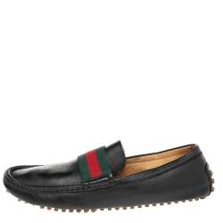 Gucci Black Leather Web Trim Slip On Loafers Size 42