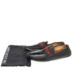 Gucci Black Leather Web Trim Slip On Loafers Size 42