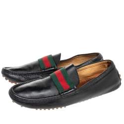 Gucci Black Leather Web Trim Slip On Loafers Size 42