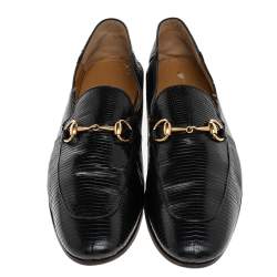 Gucci Black Lizard Embossed Leather Horsebit Slip On Loafers Size 44