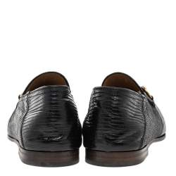 Gucci Black Lizard Embossed Leather Horsebit Slip On Loafers Size 44