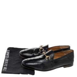 Gucci Black Lizard Embossed Leather Horsebit Slip On Loafers Size 44