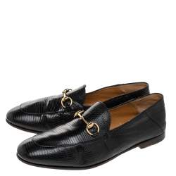 Gucci Black Lizard Embossed Leather Horsebit Slip On Loafers Size 44