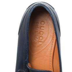 Pre Owned Gucci Blue Leather Horsebit Slip On Loafers Size 42