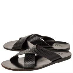 Pre Owned صندل فلات سلايد غوتشي جلد ديامانتي بني داكن سيور متعاكسة مقاس 45