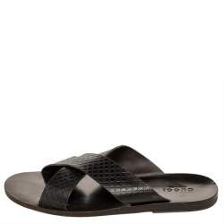 Pre Owned صندل فلات سلايد غوتشي جلد ديامانتي بني داكن سيور متعاكسة مقاس 45