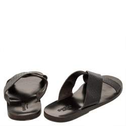 Pre Owned صندل فلات سلايد غوتشي جلد ديامانتي بني داكن سيور متعاكسة مقاس 45