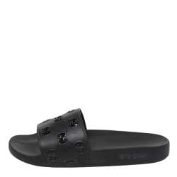 Pre Owned Gucci Black GG Cutout Rubber Pursuit Flat Slides Size 42
