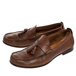 Pre Owned Gucci Brown Leather Tassel Slip On Loafers Size 41.5