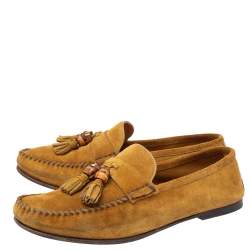 Pre Owned Gucci Yellow Suede Bamboo Tassel Slip On Loafers Size 41