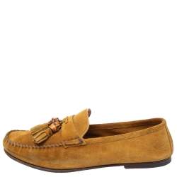 Pre Owned Gucci Yellow Suede Bamboo Tassel Slip On Loafers Size 41