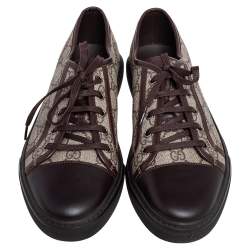 Pre Owned Gucci Brown Leather and GG Supreme Cap Toe Low Top Sneaker Size 41.5