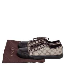 Pre Owned Gucci Brown Leather and GG Supreme Cap Toe Low Top Sneaker Size 41.5