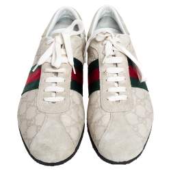 Gucci Off White Guccissima Leather and Suede Web Low Top  Sneakers Size 40