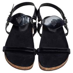 Gucci Black Glossy Leather Ankle Strap Flat Sandals Size 41.5
