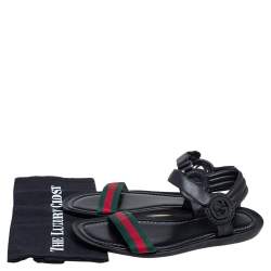 Pre Owned صندل فلات غوتشي ويب كانفاس وجلد أسود سير كاحل مقاس 42