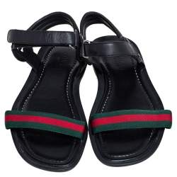 Pre Owned صندل فلات غوتشي ويب كانفاس وجلد أسود سير كاحل مقاس 42