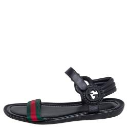 Pre Owned صندل فلات غوتشي ويب كانفاس وجلد أسود سير كاحل مقاس 42