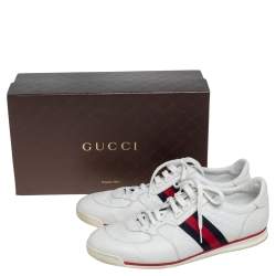 Pre Owned حذاء رياضي غوتشي رباط تفاصيل ويب جلد مايكروغوتشيسيما أبيض مقاس 46