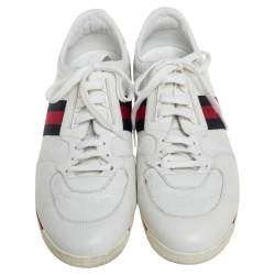 Pre Owned حذاء رياضي غوتشي رباط تفاصيل ويب جلد مايكروغوتشيسيما أبيض مقاس 46