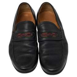 مملوكة مسبقًا Gucci Black Leather Web Interlocking GG Horsebit Detail Loafers Size 44