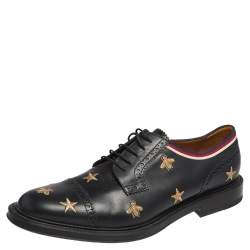 Gucci Black Leather Star Embroidered Lace Up Derby Size 45.5