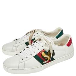 مملوكة مسبقًا Gucci White Leather Rooster Web Detail Ace Sneakers Size 45