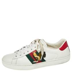 مملوكة مسبقًا Gucci White Leather Rooster Web Detail Ace Sneakers Size 45